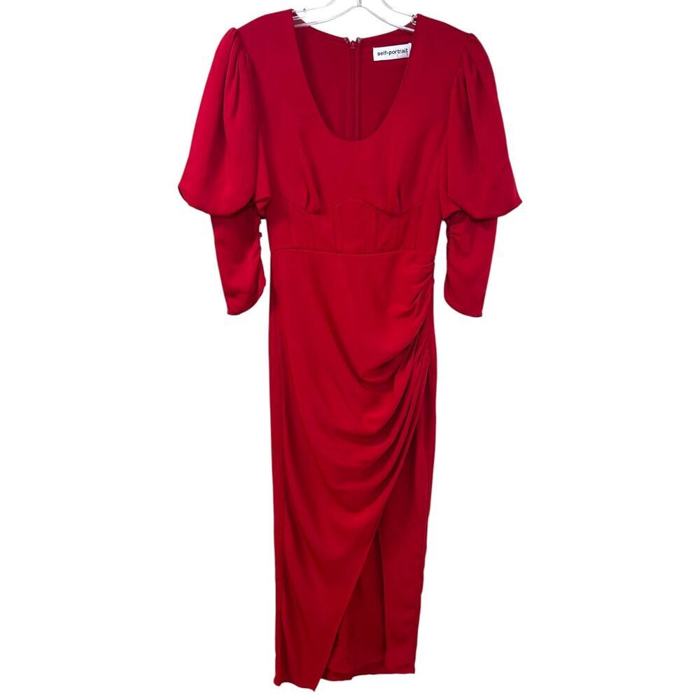 SELF-PORTRAIT, Crepe Midi Dress Puff Sleeve Side-Split Stretch Red SZ 0 US, 4 UK - Picture 2 of 14